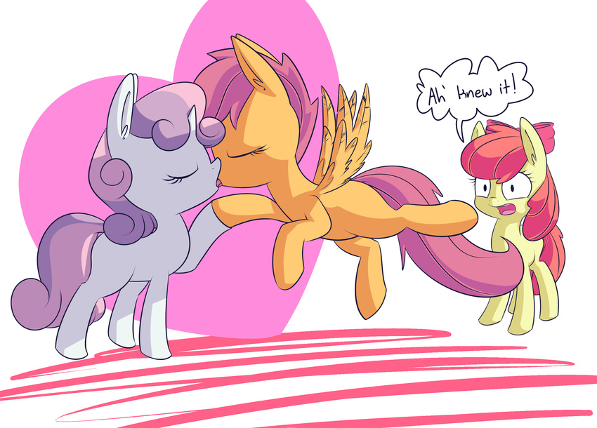 &lt;3 apple_bloom_(mlp) bow cub cutie_mark_crusaders_(mlp) dialog english_text equine eyes_closed female feral french_kissing friendship_is_magic group hair handsockz horn horse kissing lesbian mammal my_little_pony pegasus pink_hair plain_background pony purple_hair red_hair scootaloo_(mlp) sweetie_belle_(mlp) text two_tone_hair unicorn white_background wing_boner wings young