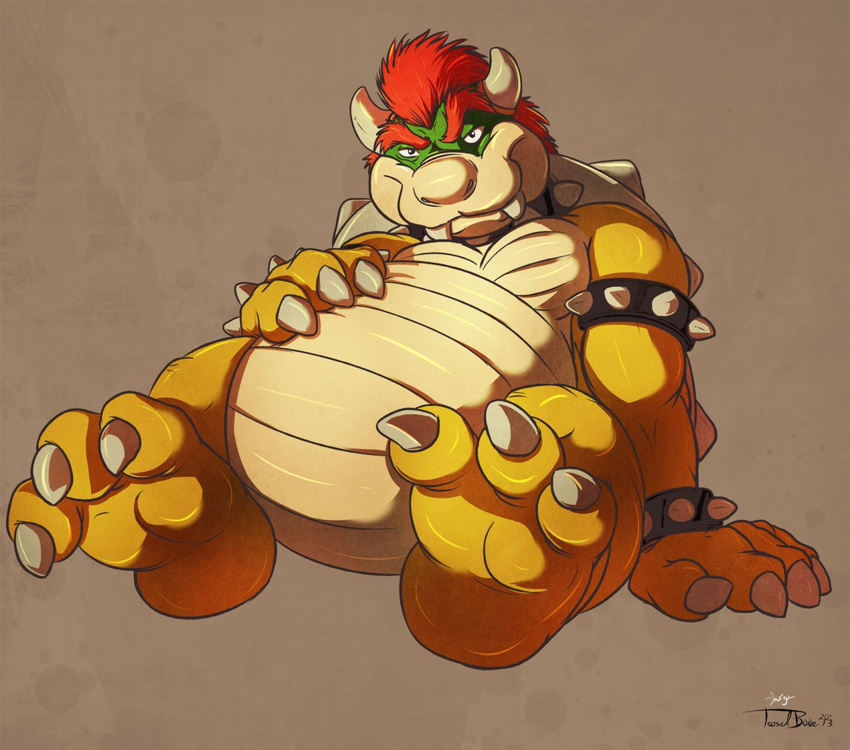 3_toes biceps bowser bowser_day chubby claws collar donryu foot_focus hair hindpaw horn king koopa looking_at_viewer male mario_bros nintendo nude obese overweight paws plain_background reptile royalty scalie shell sitting soles solo spikes toes turtle video_games wristband