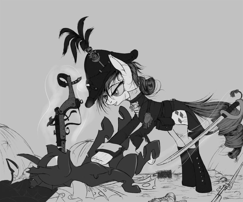 changeling clothing cutie_mark duo equine female feral friendship_is_magic greyscale gun horn horse levitation lying madhotaru mammal monochrome my_little_pony on_back oral pony ranged_weapon rarity_(mlp) sword unicorn weapon wings