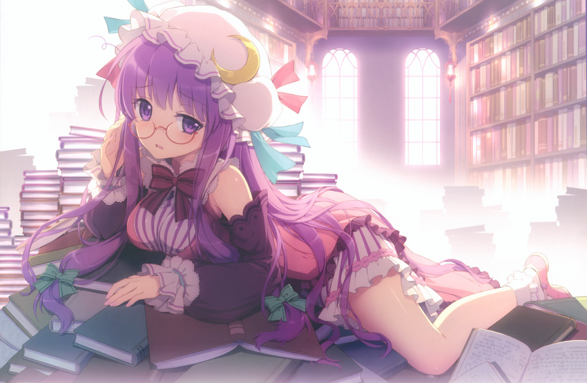 absurdres adjusting_eyewear an2a bespectacled book bookshelf bow breasts crescent detached_sleeves glasses hair_bow hat highres lace legs library long_hair looking_at_viewer lying medium_breasts on_stomach open_mouth patchouli_knowledge purple_eyes purple_hair red-framed_eyewear ribbon socks solo touhou very_long_hair