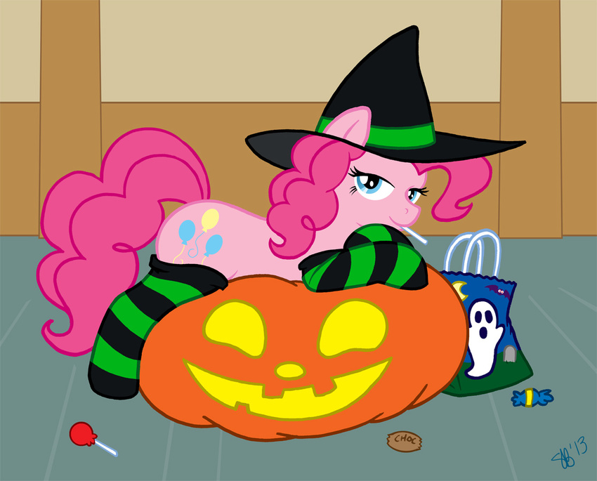 candy candy_cane cutie_mark equine female feral friendship_is_magic halloween hat holidays horse legwear looking_at_viewer mammal my_little_pony patchworth pinkie_pie_(mlp) pony pumpkin solo stockings witch_hat