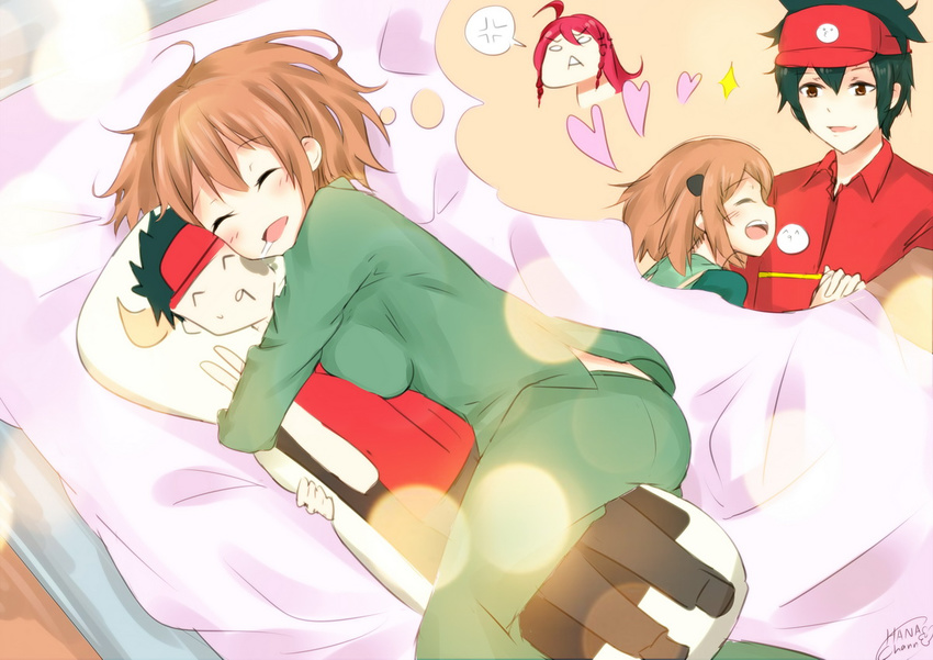 2girls anger_vein bad_id bad_pixiv_id bed breasts brown_eyes brown_hair chibi dakimakura_(object) drooling employee_uniform fast_food_uniform frown hataraku_maou-sama! heart long_hair maou_sadao medium_breasts multiple_girls pajamas pillow pillow_hug sasaki_chiho sheam09 short_hair smile spoken_anger_vein uniform visor_cap yusa_emi