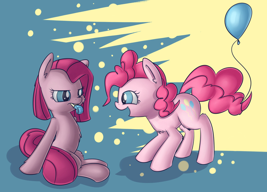 balloon blue_eyes cutie_mark dual_persona duo equine female feral friendship_is_magic fur hair handsockz horse mammal my_little_pony party_horn pink_fur pink_hair pinkamena_(mlp) pinkie_pie_(mlp) pony square_crossover