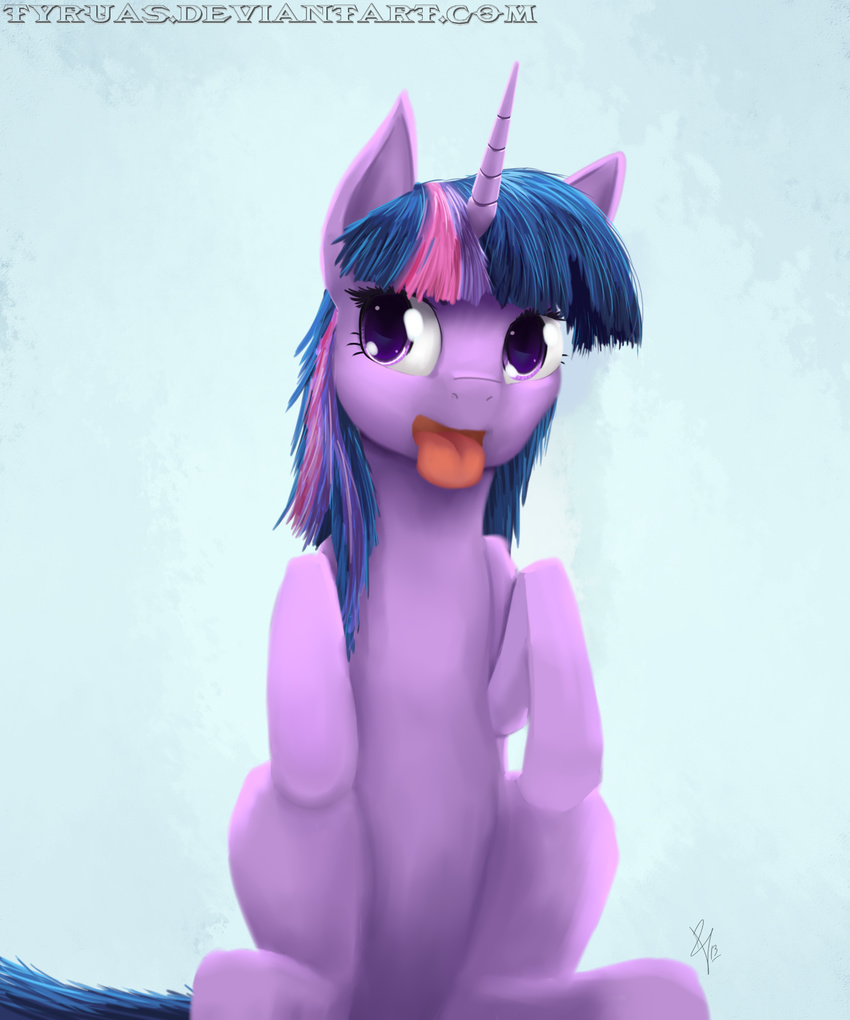 equine female feral friendship_is_magic fur hair horn horse looking_at_viewer mammal multi-colored_hair my_little_pony panting plain_background pony purple_eyes purple_fur sitting solo tongue tongue_out twilight_sparkle_(mlp) tyruas unicorn