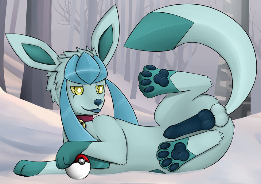 balls canine collar digitigrade eeveelution erection feral glaceon hindpaw knot lying male mammal nintendo nude outside pawpads paws penis pok&#233;mon pok&eacute;mon presenting snow soles solo toes tongue video_games yellow_eyes zeonart