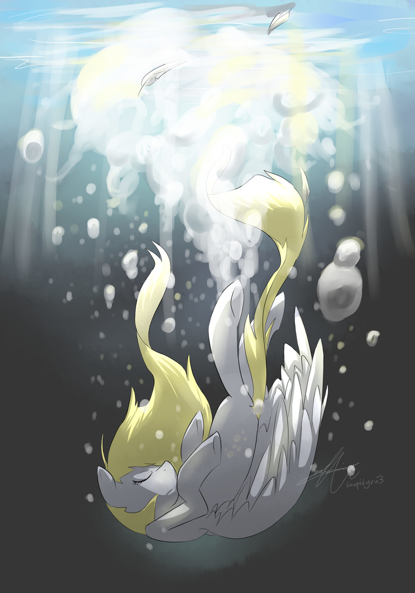 blonde_hair bubble bubbles cutie_mark derpy_hooves_(mlp) equine eyes_closed female feral friendship_is_magic hair horse mammal my_little_pony pegasus pony signature solo stupidyou3 underwater water wings