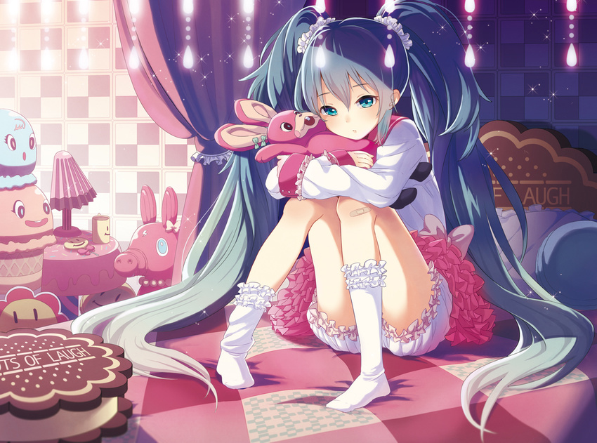 bandaid bandaid_on_knee bed bloomers bunny checkered checkered_background copyright_name frilled_legwear hatsune_miku knees_together_feet_apart long_hair lots_of_laugh_(vocaloid) scrunchie sheep_sleep sitting socks solo stuffed_animal stuffed_bunny stuffed_toy twintails underwear very_long_hair vocaloid white_legwear