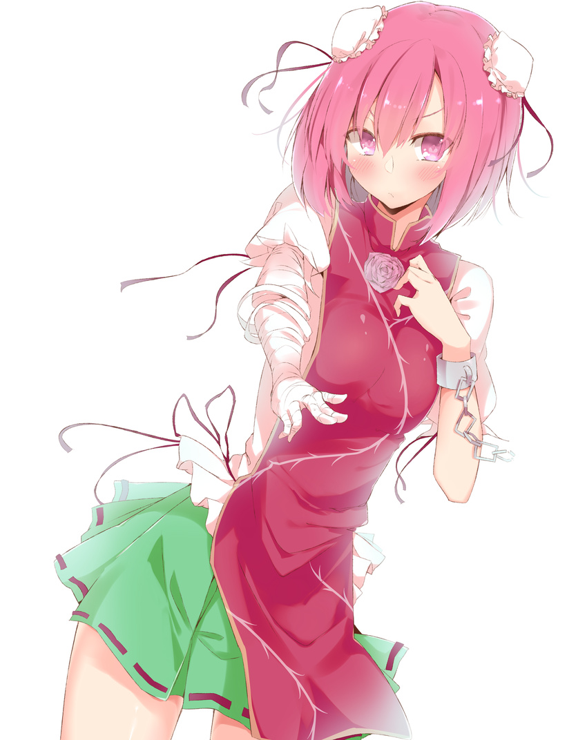 absurdres bad_id bad_pixiv_id bandages blush breasts bun_cover chain chinese_clothes cuffs double_bun flower highres ibaraki_kasen kayano medium_breasts pink_eyes pink_hair ribbon rose short_hair skirt solo tabard touhou white_background