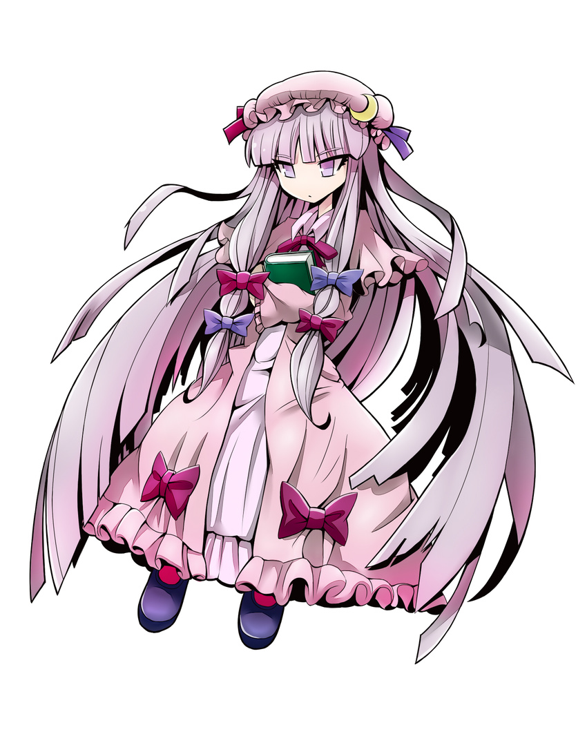 absurdly_long_hair book bow crescent full_body givuchoko hat highres long_hair patchouli_knowledge purple_eyes purple_hair simple_background solo touhou very_long_hair white_background