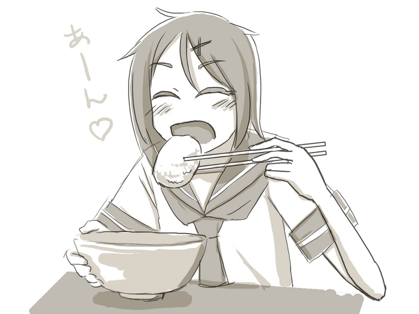 chopsticks closed_eyes croquette eating food greyscale hair_ornament hairpin happy heart holding holding_chopsticks left-handed monochrome nama_kemono no_nose noodles open_mouth original school_uniform serafuku short_hair short_sleeves simple_background sketch smile solo table translated white_background