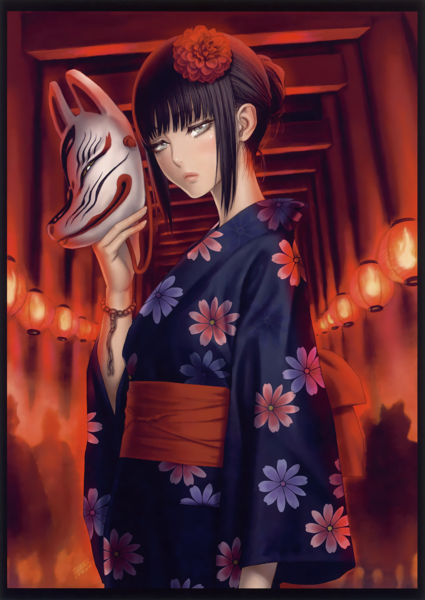 1girl absurdres black_hair highres japanese_clothes kimono lantern mask tsukasa_jun yukata