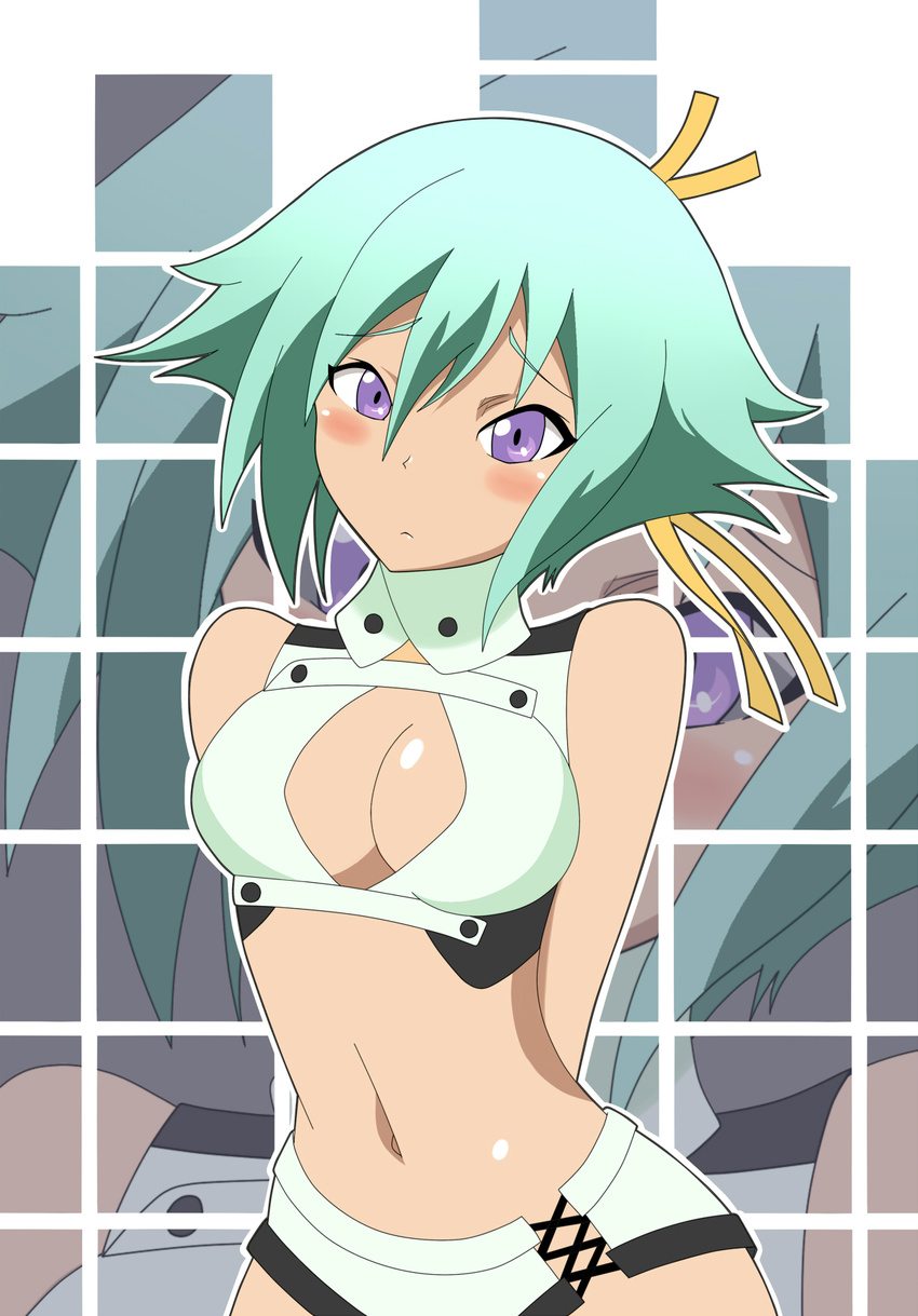 aquarion_(series) aquarion_evol arms_behind_back blush breasts cleavage_cutout green_hair highres medium_breasts navel purple_eyes short_hair zessica_wong