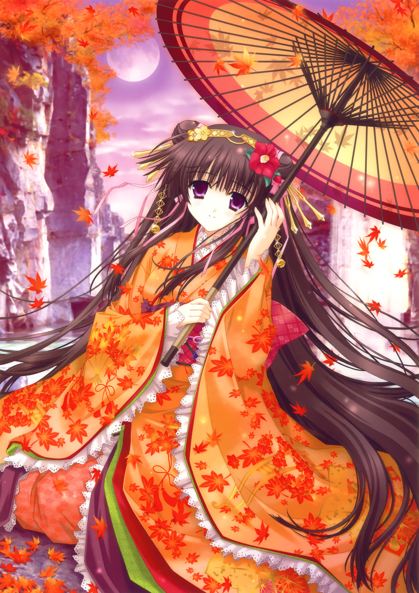 absurdres autumn_leaves bangs blunt_bangs brown_hair camellia copyright_request falling_leaves flower frilled_kimono frills hair_flower hair_ornament hairpin head_tilt highres huge_filesize japanese_clothes kimizuka_aoi kimono leaf leaf_print looking_at_viewer maple_leaf mountain oriental_umbrella outdoors parasol purple_eyes solo umbrella