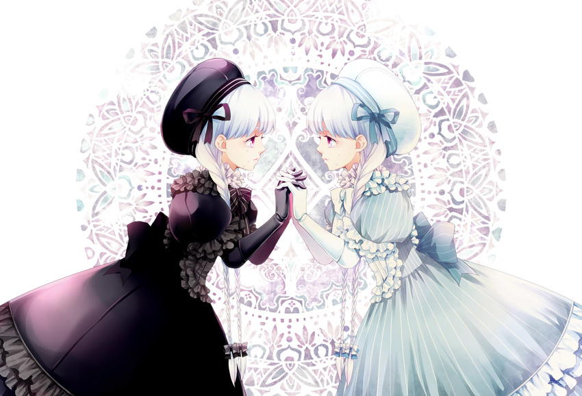 alice_(fate/extra) braid dress fate/extra fate_(series) gloves hat long_hair multiple_girls nomoc nursery_rhyme_(fate/extra) purple_eyes reflection twin_braids white_hair