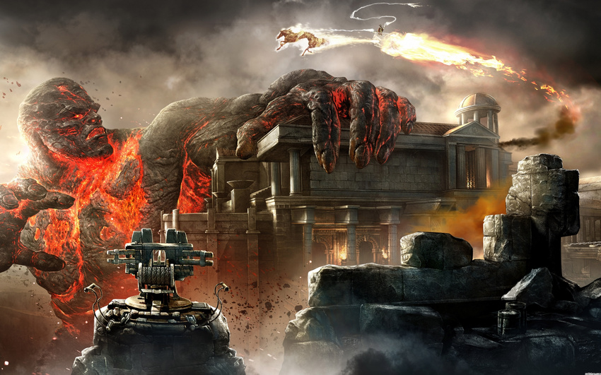 chariot fight fire flying giant god_of_war greek_mythology helios highres house looking_at_another male_focus monster muscle perses titan turret wallpaper weapon