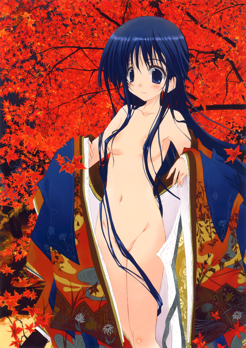 1girl absurdres blue_hair blush breasts censored convenient_censoring highres japanese_clothes kimono long_hair navel no_bra sca-ji undressing yukata