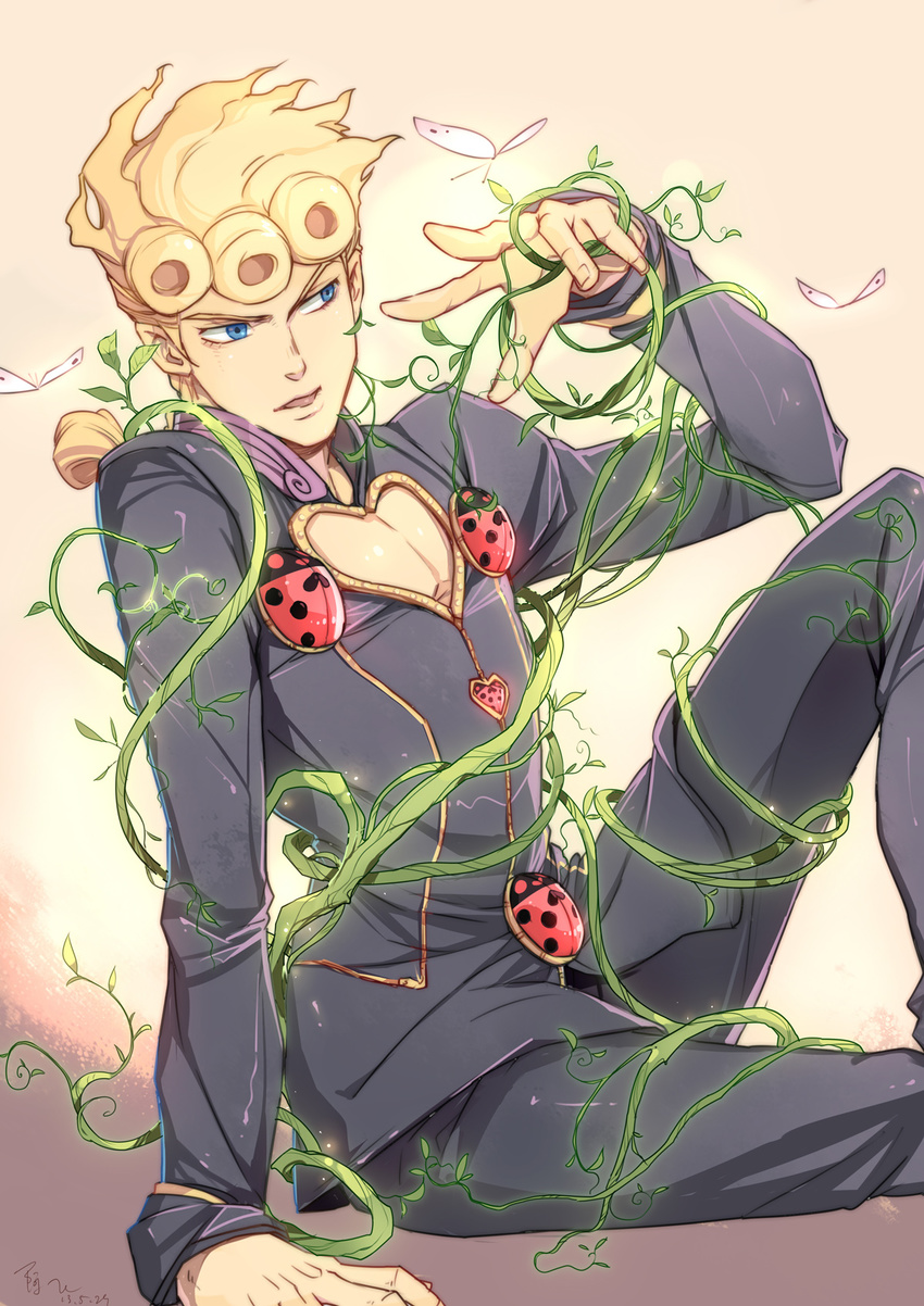 bad_id bad_pixiv_id blonde_hair blue_eyes braid bug butterfly giorno_giovanna highres insect jojo_no_kimyou_na_bouken ladybug linjie male_focus plant solo vines