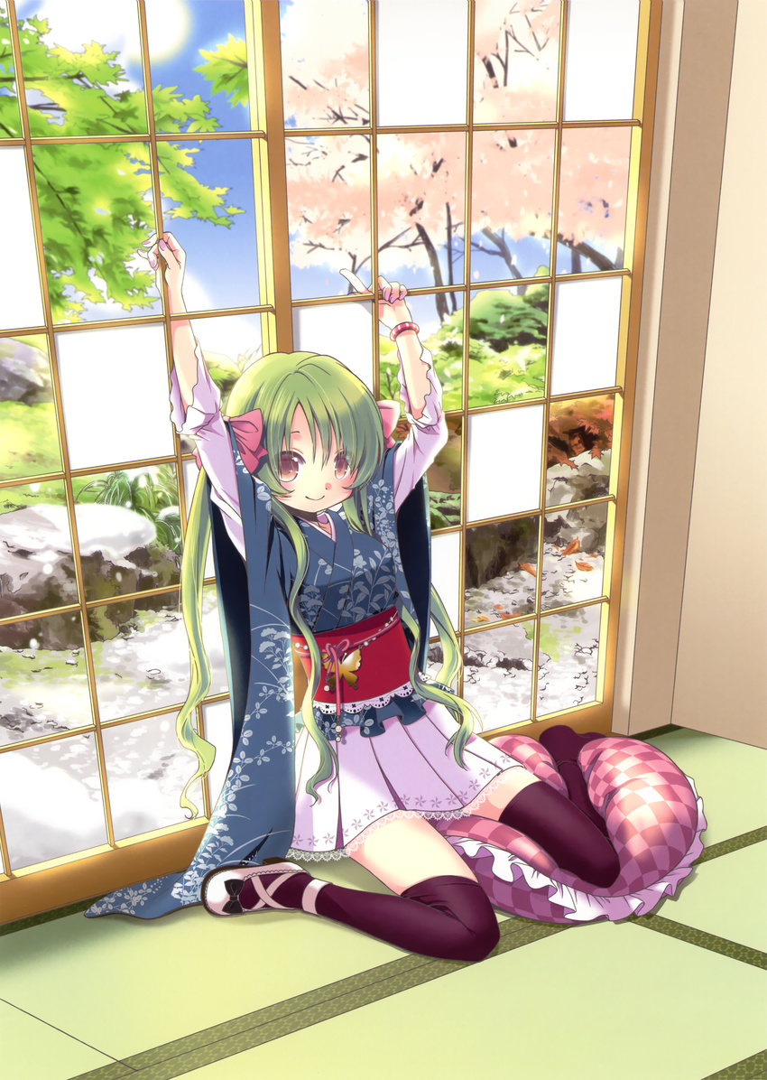 1girl absurdres aoki_ume bow bracelet brown_eyes copyright_request green_hair hair_bow highres japanese_clothes jewelry leaning lolita_fashion nail_polish pillow single_shoe sitting skirt sliding_doors smile tatami thighhighs tree twintails wa_lolita wariza