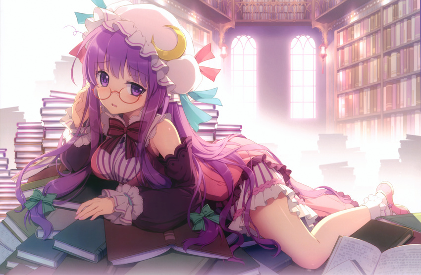 absurdres adjusting_eyewear an2a bespectacled book bookshelf bow breasts crescent detached_sleeves glasses hair_bow hat highres lace legs library long_hair looking_at_viewer lying medium_breasts on_stomach open_mouth patchouli_knowledge purple_eyes purple_hair red-framed_eyewear scan socks solo touhou very_long_hair