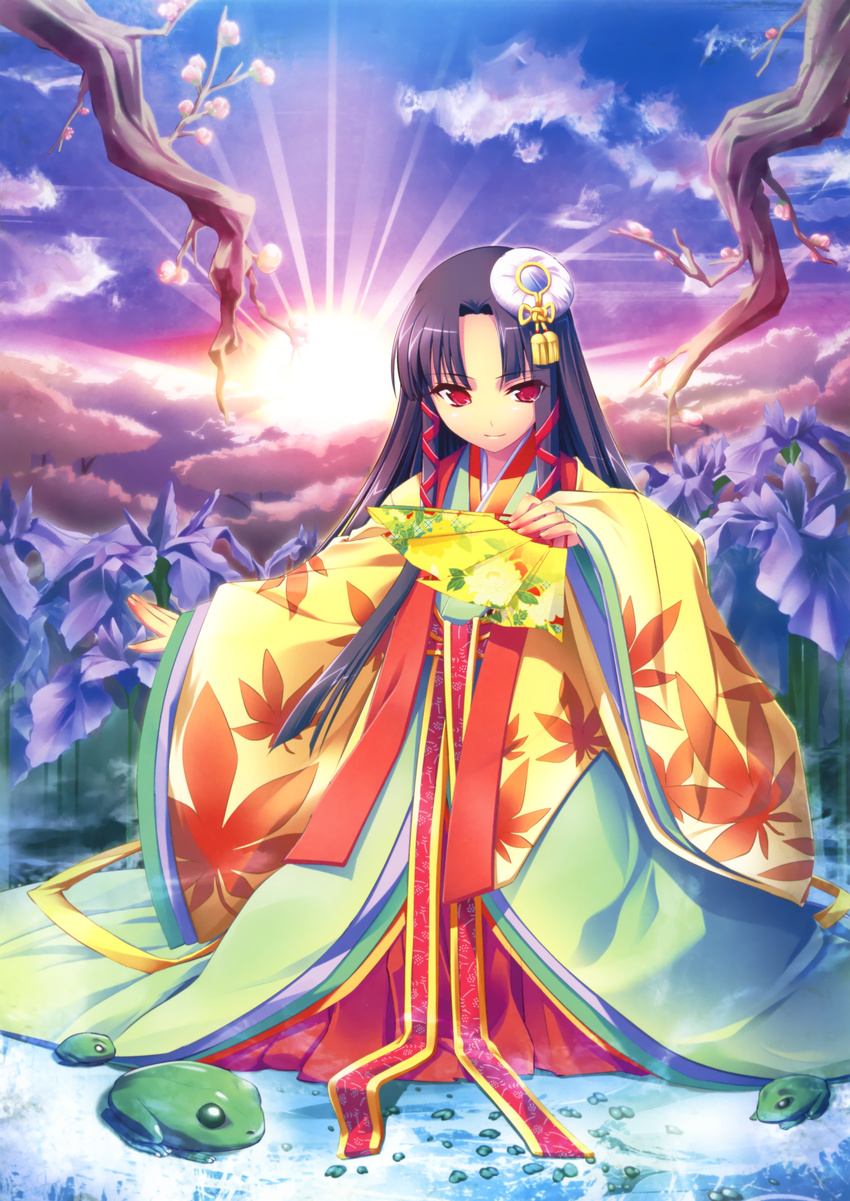 1girl absurdres fan frog highres kantaka long_hair red_eyes