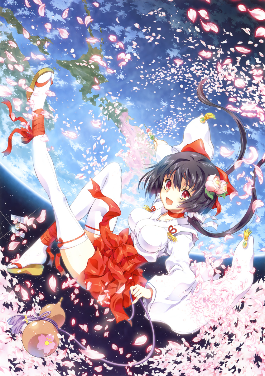:d absurdres ankle_wrap black_hair breasts earth flower food full_body gourd hair_flower hair_ornament highres holding holding_food huge_filesize japanese_clothes kaishaku long_hair low_twintails medium_breasts miko open_mouth original outstretched_arm petals pleated_skirt red_eyes red_ribbon red_skirt ribbon sandals scan skirt smile solo sparkle thighhighs twintails white_legwear wide_sleeves