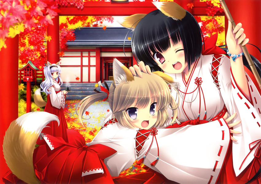 3girls absurdres animal_ears highres ikegami_akane japanese_clothes kitsune miko multiple_girls tail wink yukata