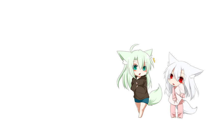 2girls animal_ears aqua_eyes blush chibi foxgirl long_hair original pajamas photoshop red_eyes rubii tail