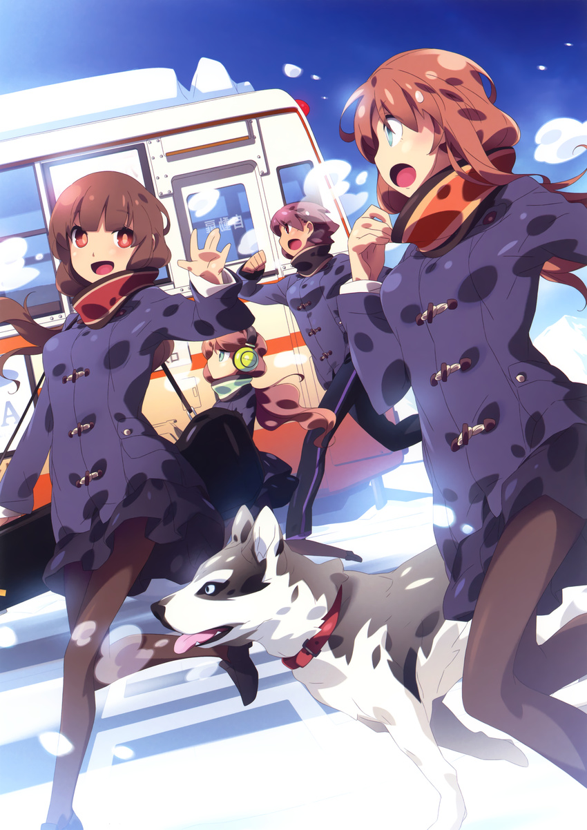 :d absurdres akinoko black_hair blue_coat breasts breath brown_hair bus clenched_hand coat collar dog dutch_angle green_eyes ground_vehicle headphones highres huge_filesize long_hair motor_vehicle multiple_girls open_mouth original outdoors pantyhose ponytail profile red_eyes running scan scarf short_hair sideways_mouth small_breasts smile snow tongue tongue_out