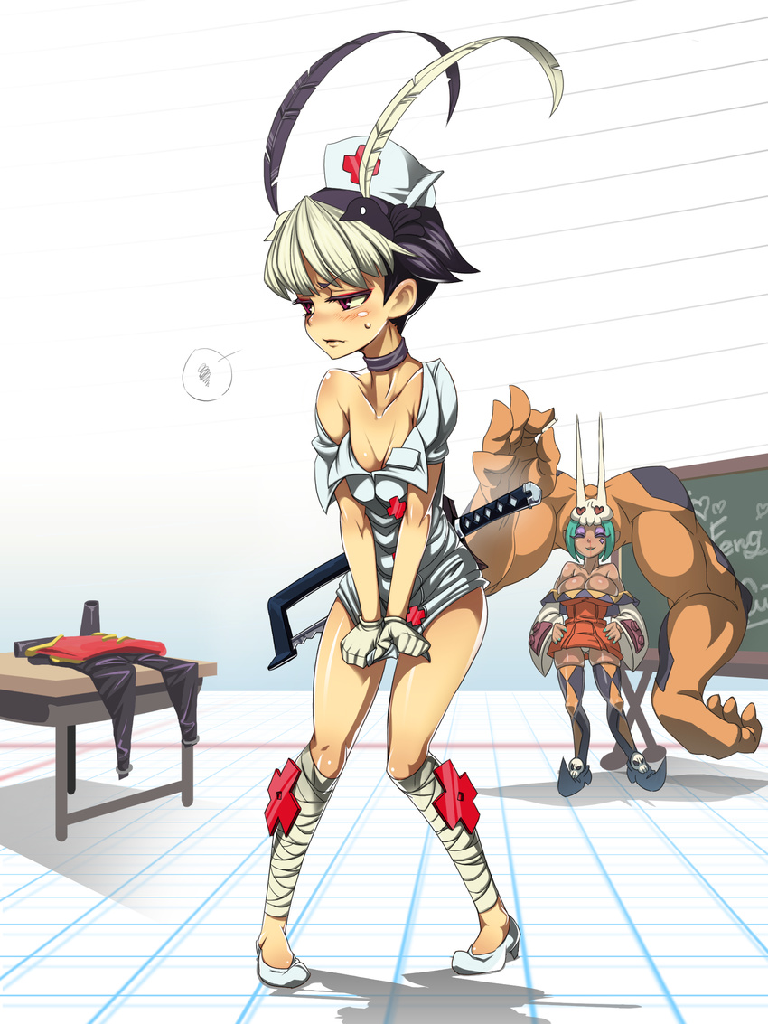 absurdres amashun animal animal_on_head aqua_hair bare_shoulders black_hair blood blush boots breast_conscious breasts cerebella_(skullgirls) choker cleavage cosplay detached_sleeves dress eyeshadow feng_(skullgirls) gloves hat highres large_breasts living_clothes makeup multicolored_hair multiple_girls nosebleed nurse_cap on_head oversized_breast_cup pigeon-toed purple_eyes saw short_dress short_hair skullgirls small_breasts thigh_boots thighhighs two-tone_hair valentine_(skullgirls) valentine_(skullgirls)_(cosplay) vice-versa_(skullgirls) white_gloves white_hair