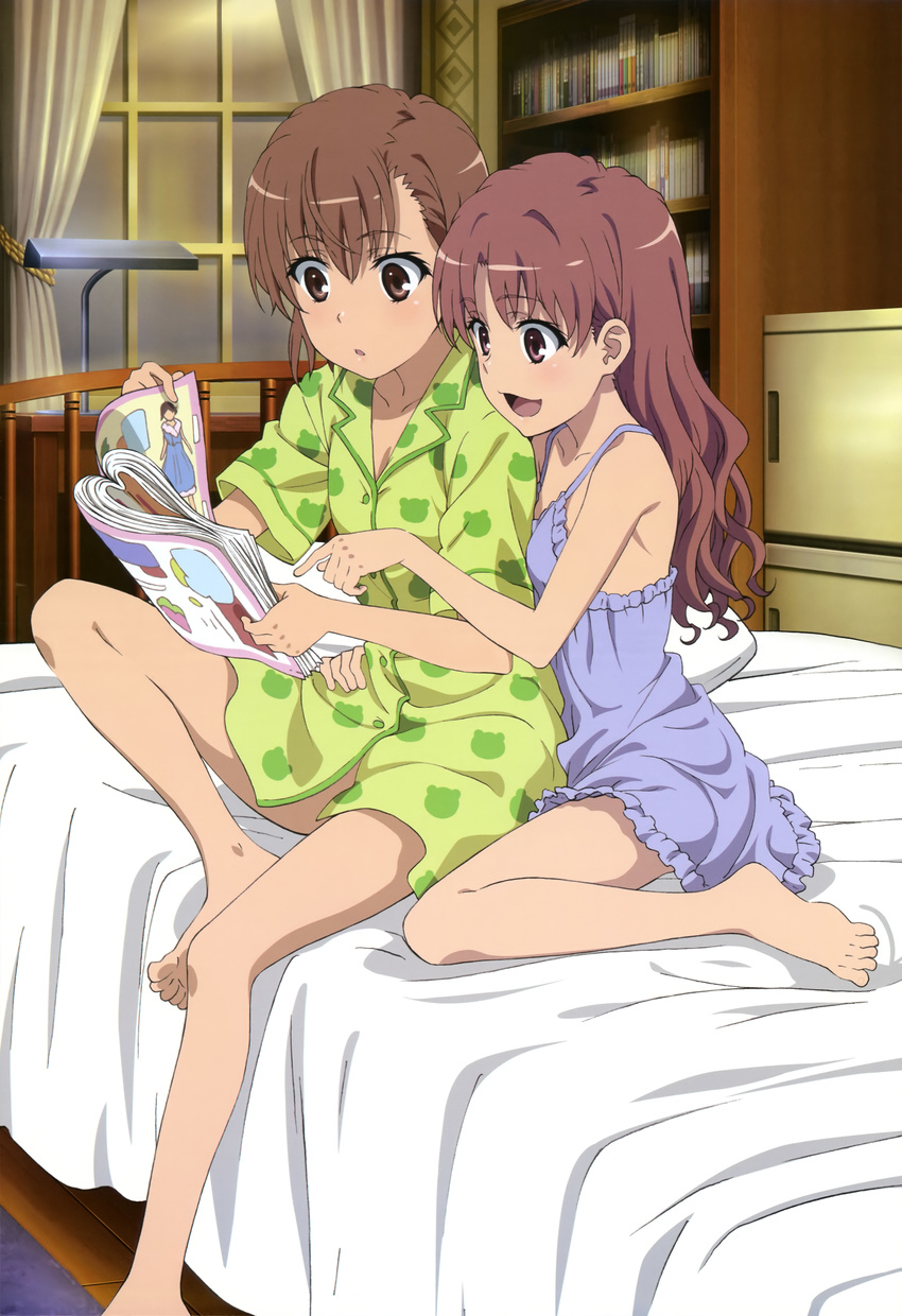 :d :o absurdres alternate_hairstyle animal_print bangs bare_shoulders barefoot bed bedroom book bookshelf breasts brown_eyes brown_hair buttons chemise collared_shirt curtains desk desk_lamp feet frills frog_print from_side full_body hair_down hand_on_another's_hip highres holding indoors knee_up lamp long_hair looking_down magazine misaka_mikoto moroishi_kouta multicolored multicolored_clothes multicolored_pajamas multiple_girls nyantype official_art on_bed open_magazine open_mouth pajamas parted_bangs pointing print_pajamas reading rug scan shirai_kuroko shirt short_hair short_sleeves sitting sitting_on_lap sitting_on_person small_breasts smile to_aru_kagaku_no_railgun to_aru_majutsu_no_index underwear underwear_only wariza wavy_hair window wooden_floor yuri