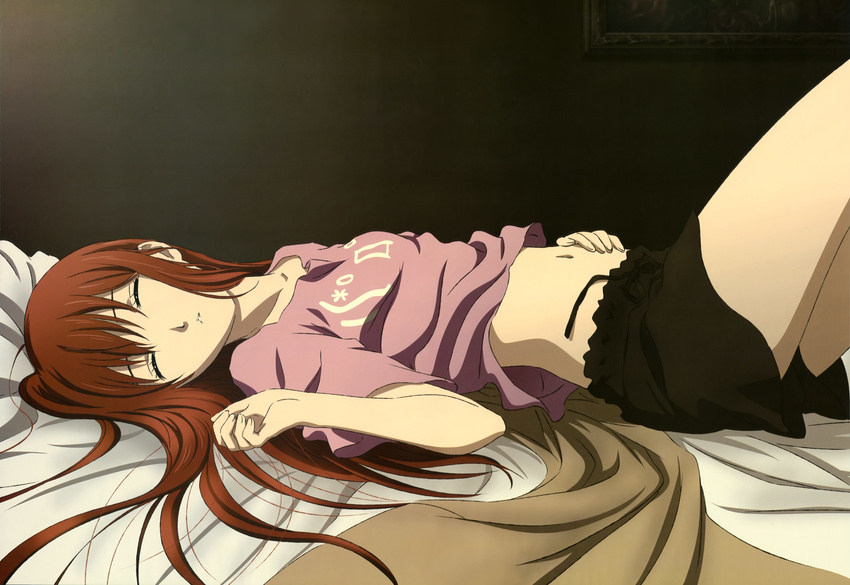 :o absurdres bed bed_sheet brown_hair closed_eyes from_side hand_on_own_stomach highres knees_up long_hair lying makise_kurisu midriff navel nyantype official_art on_back on_bed parted_lips sakai_kyuuta scan sleeping solo steins;gate stomach