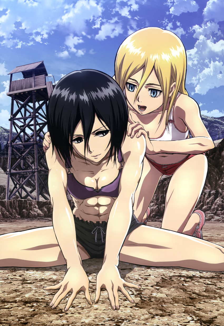 :d abs absurdres artist_request black_hair blonde_hair blue_eyes blue_sky blush breasts building christa_renz cleavage cloud collarbone day downblouse exercise eyelashes fence hair_between_eyes highres leaning_forward long_hair midriff mikasa_ackerman multiple_girls nyantype official_art open_mouth outstretched_arms scan shingeki_no_kyojin short_hair short_shorts shorts sky small_breasts smile sportswear spread_legs stretch toned tower