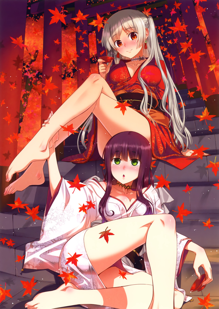 absurdres autumn_leaves barefoot blonde_hair blush body_blush breasts breasts_apart choker closed_mouth collarbone crossed_legs cup earrings eyebrows eyebrows_visible_through_hair feet furisode green_eyes hair_ornament hand_on_another's_leg head_tilt highres holding huge_filesize japanese_clothes jewelry kimono koume_keito leaf leaf_hair_ornament long_hair looking_up maple_leaf medium_breasts multiple_girls nose_blush obi orange_eyes original purple_hair sakazuki sash scan sidelocks sitting sitting_on_stairs smile stairs torii very_long_hair