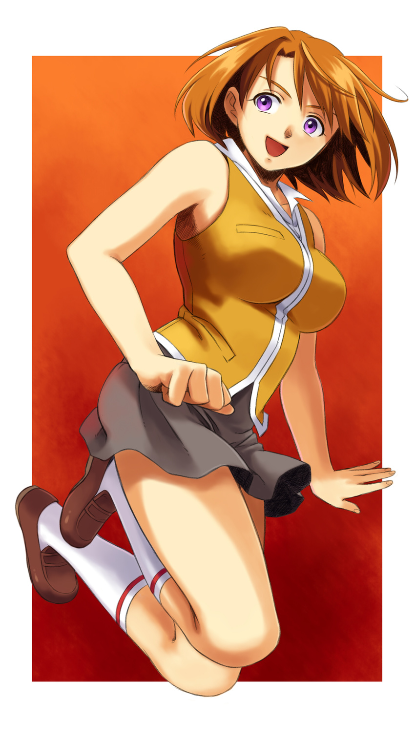 absurdres breasts brown_footwear full_body highres jumping kneeling komugi_yuu large_breasts loafers my-hime open_mouth orange_hair orange_shirt purple_eyes school_uniform shirt shoes short_hair skirt smile solo tokiha_mai white_legwear