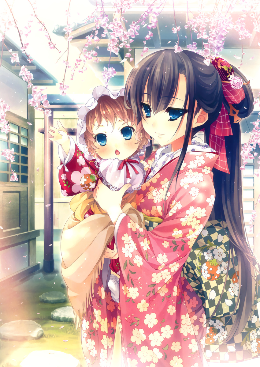 absurdres age_difference aqua_eyes architecture baby bib black_hair blush brown_hair checkered cherry_blossoms chestnut_mouth comb copyright_request east_asian_architecture floral_print garden grass hair_bun hair_ribbon hat highres holding huge_filesize japanese_clothes katagiri_hinata kimono long_hair mob_cap mother_and_daughter multiple_girls open_mouth petals reaching ribbon tabi tree very_long_hair