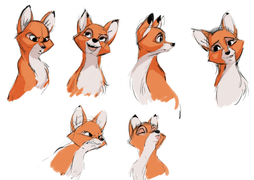 2017 angry black_eyes black_nose canine colored_sketch disney eyes_closed feral fox fox_and_the_hound fur hi_res looking_away mammal open_mouth open_smile orange_fur raised_eyebrow raised_inner_eyebrows simple_background sketch_page smile solo tongue tongue_out vixey white_background winstar