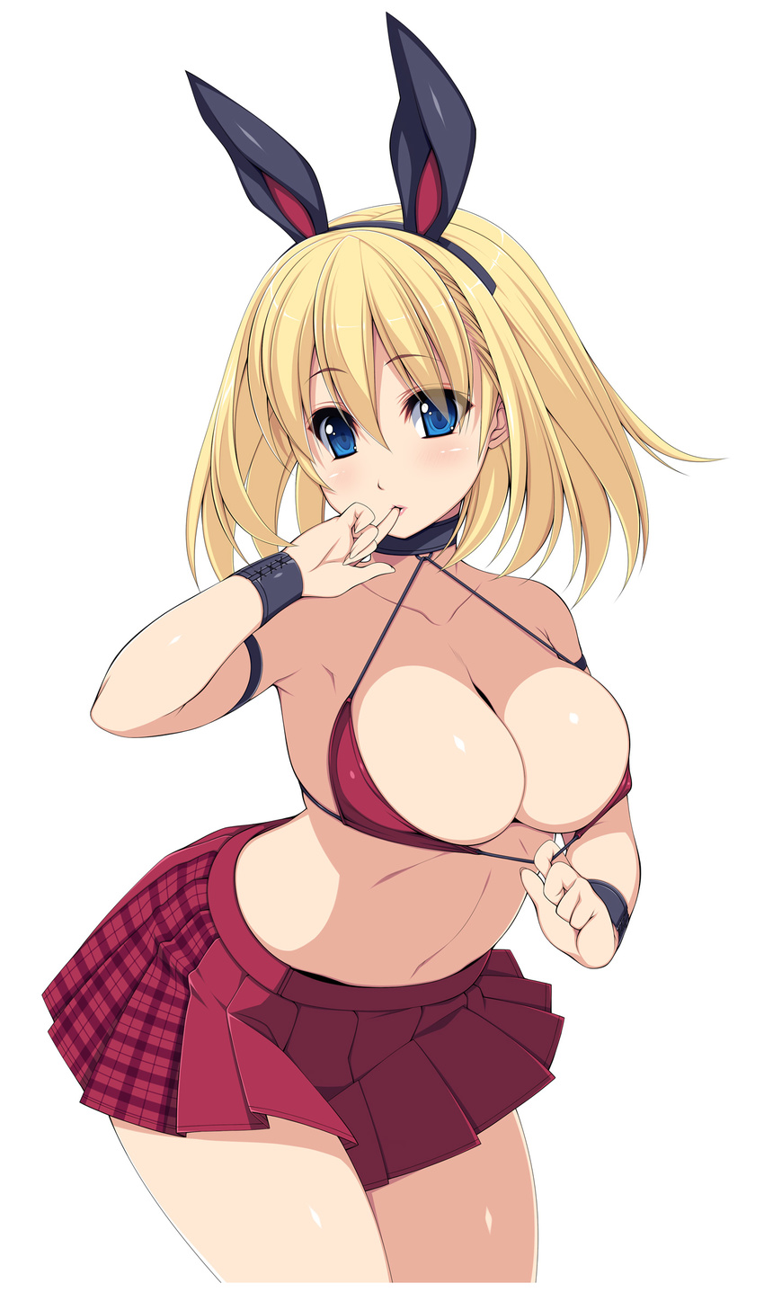 absurdres animal_ears bikini_top blonde_hair blue_eyes blush bra bra_pull breasts bunny_ears cleavage cowboy_shot eyebrows_visible_through_hair fake_animal_ears finger_to_mouth highres kinoshita_ichi large_breasts lips looking_at_viewer original plaid plaid_skirt pleated_skirt short_hair simple_background skirt solo strap_pull underwear white_background wristband