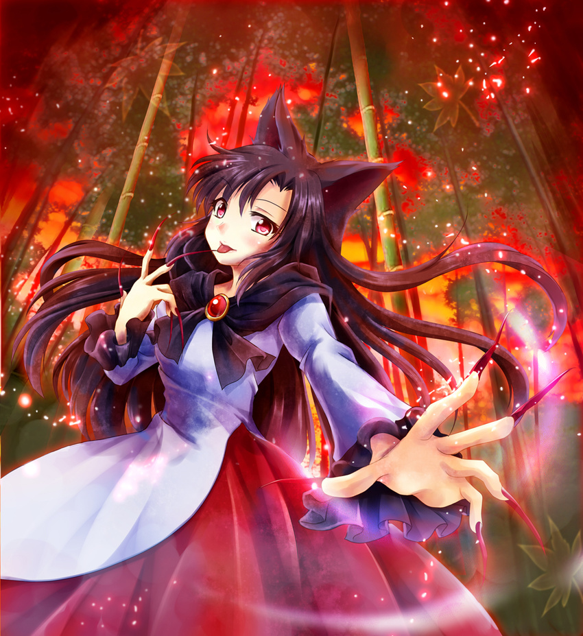 animal_ears bamboo bamboo_forest brooch fingernails fire forest highres imaizumi_kagerou izumi_akane jewelry light_particles long_fingernails long_hair nail_polish nature pink_eyes red_nails shirt skirt solo tail tongue tongue_out touhou very_long_hair wide_sleeves wolf_ears