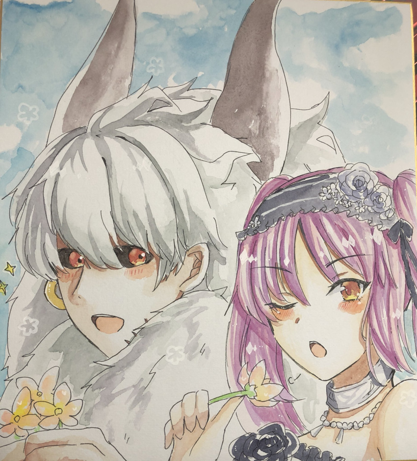 1boy 1girl :d asterios_(fate/grand_order) black_flower black_rose black_sclera blue_sky blush choker earrings euryale eyebrows_visible_through_hair fate/grand_order fate_(series) flower grey_hair hair_between_eyes highres holding holding_flower horns jewelry long_hair necklace one_eye_closed open_mouth orange_eyes photo purple_hair red_eyes rose sky smile tanaji traditional_media