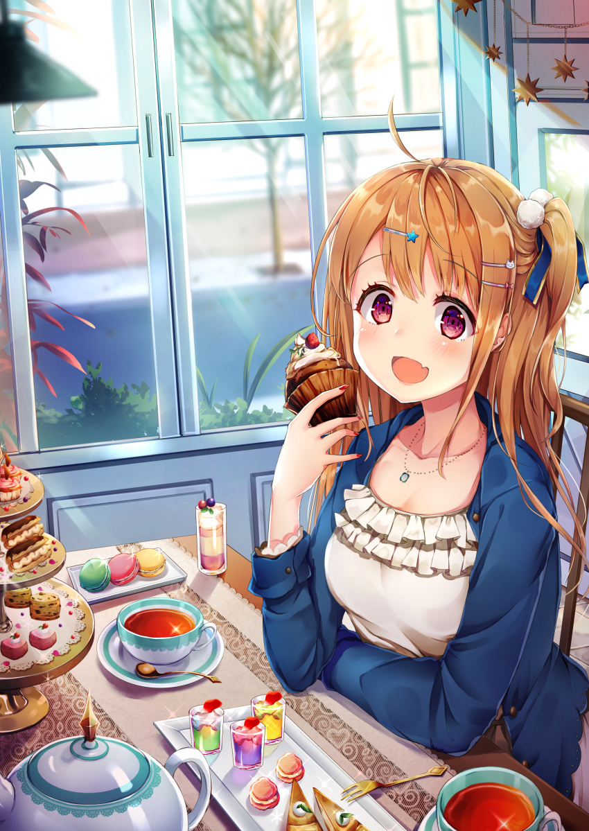 :d absurdres ahoge airmisuzu bangs blue_jacket blue_ribbon blurry blush breasts brown_hair cake cat_hair_ornament chair collarbone commentary_request cup cupcake day depth_of_field dress eyebrows_visible_through_hair fang food frilled_dress frills fruit gelatin hair_ornament hair_ribbon hairclip hand_up highres holding holding_food indoors jacket jewelry long_hair long_sleeves macaron milkshake nail_polish necklace one_side_up open_clothes open_jacket open_mouth original plant plate pom_pom_(clothes) purple_eyes red_nails revision ribbon road sidelocks sidewalk sitting slice_of_pie smile solo spoon star star_hair_ornament strawberry table tareme tea teacup teapot tiered_tray tree whipped_cream white_dress window