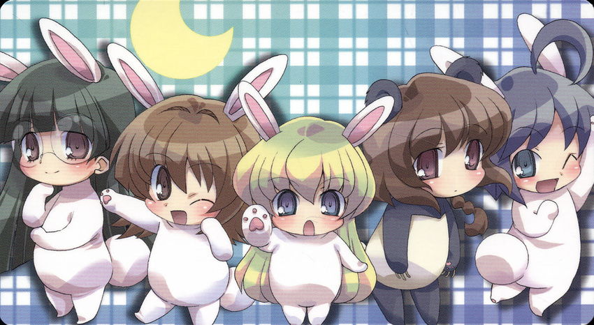 animal_costume animal_ears blonde_hair blush bunny bunny_costume chibi costume crescent glasses green_hair ichijou katagiri_himeko momose_kurumi multiple_girls odd_one_out one_eye_closed pani_poni_dash! plaid plaid_background rebecca_miyamoto screencap smile tachibana_rei