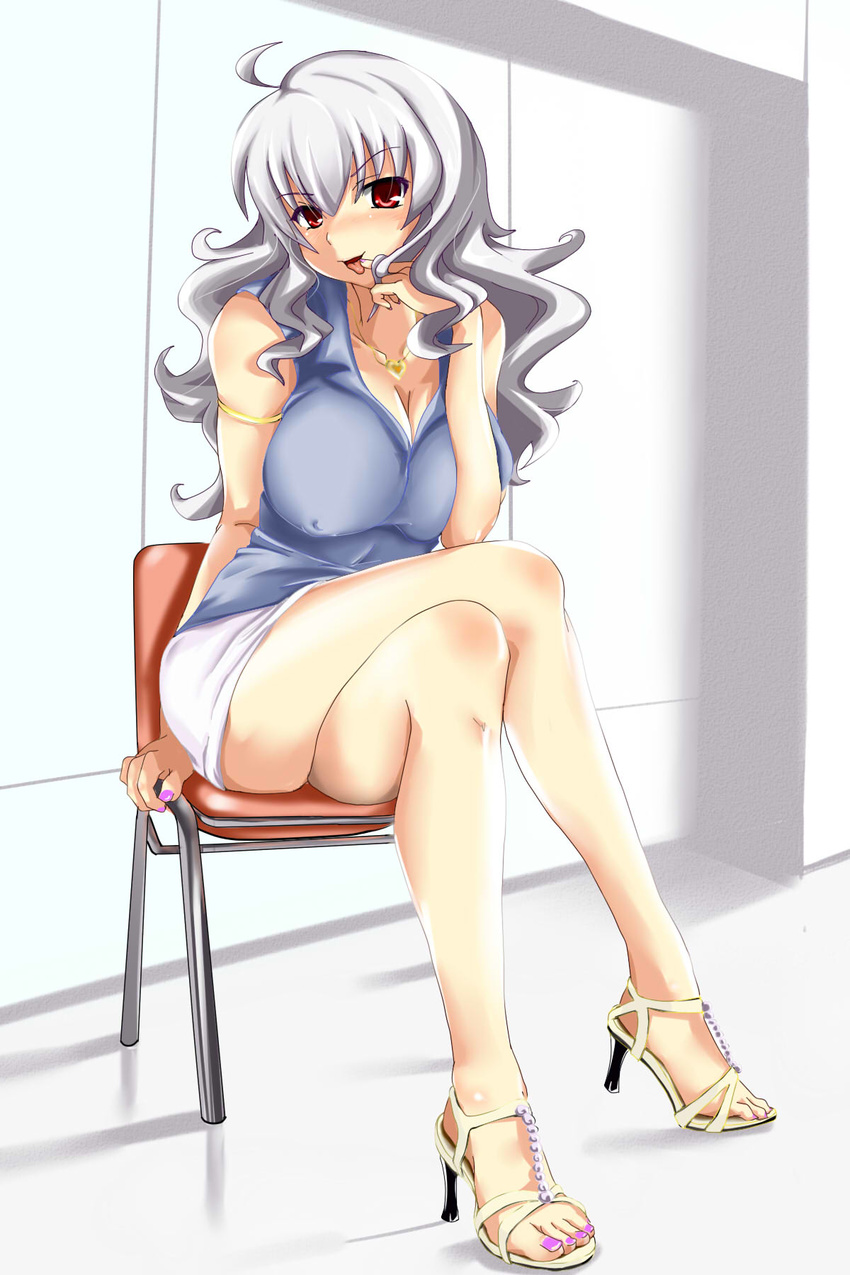 ahoge armlet breasts cleavage covered_nipples crossed_legs error feet ganari_ryuu high_heels highres jewelry large_breasts long_hair nail_polish necklace open_mouth open_toe_shoes original pendant purple_nails red_eyes sandals shirt shoes silver_hair sitting skirt smile solo taut_clothes taut_shirt toenail_polish toes tongue