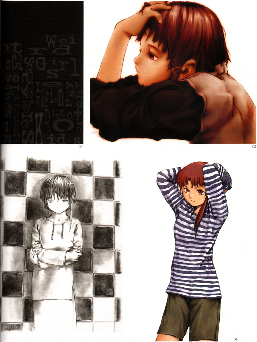 abe_yoshitoshi absurdres arms_behind_head arms_up artbook asymmetrical_hair brown_eyes brown_hair checkered hair_ornament hairclip hand_on_head highres iwakura_lain looking_down official_art partially_colored scan serial_experiments_lain shirt short_hair shorts sketch striped striped_shirt traditional_media