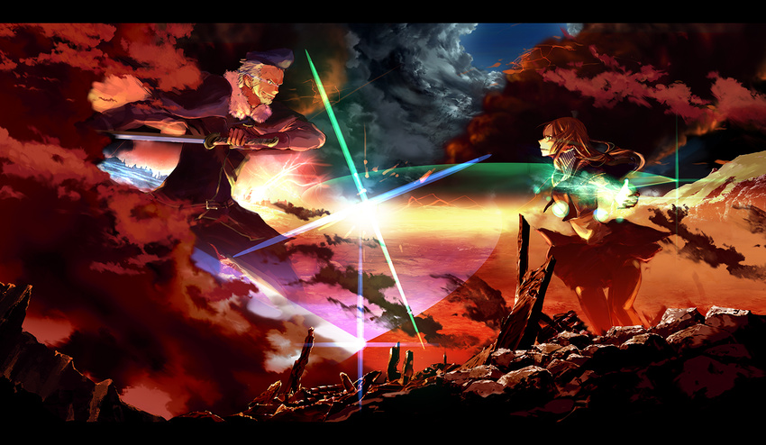 1girl battle cloud colorful duel epic katou_taira landscape pixiv_fantasia pixiv_fantasia_3 ruins sword weapon
