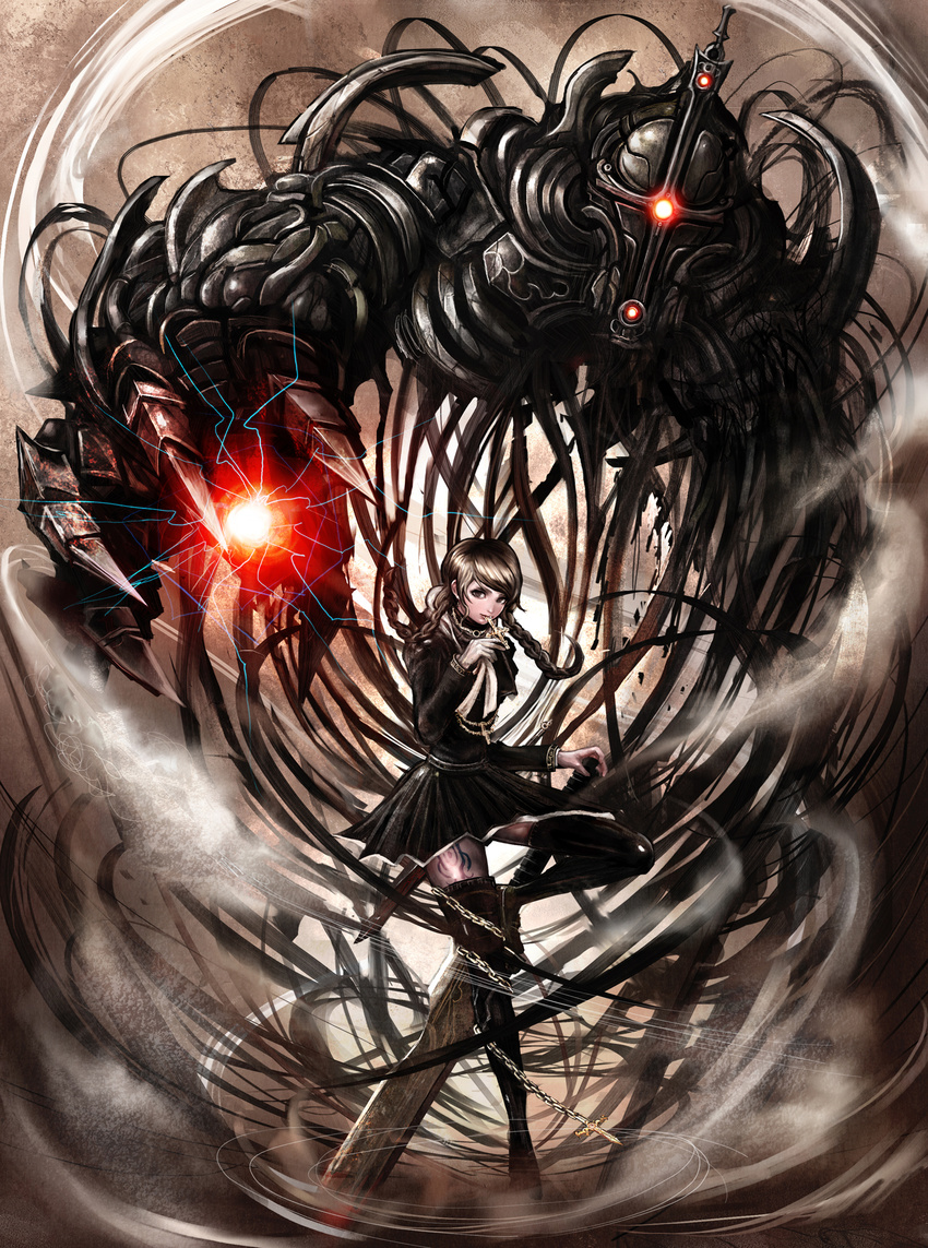 bad_id bad_pixiv_id braid chain claws creature cross glowing glowing_eyes gonjiji highres monster original sword thighhighs twin_braids weapon