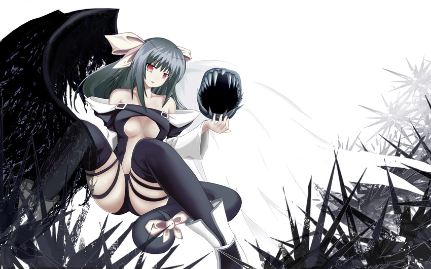 alternate_color asymmetrical_wings blue_hair bow breasts dizzy guilty_gear hair_bow large_breasts long_hair midriff motimoti_(neet-a-neet) navel red_eyes ribbon sharp_teeth solo tail tail_ribbon teeth thighhighs underboob wallpaper wings