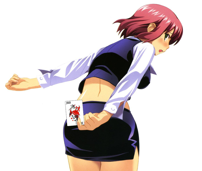 artist_request blush card croupier green_eyes holding holding_card open_mouth red_hair rio_rollins short_hair solo super_blackjack