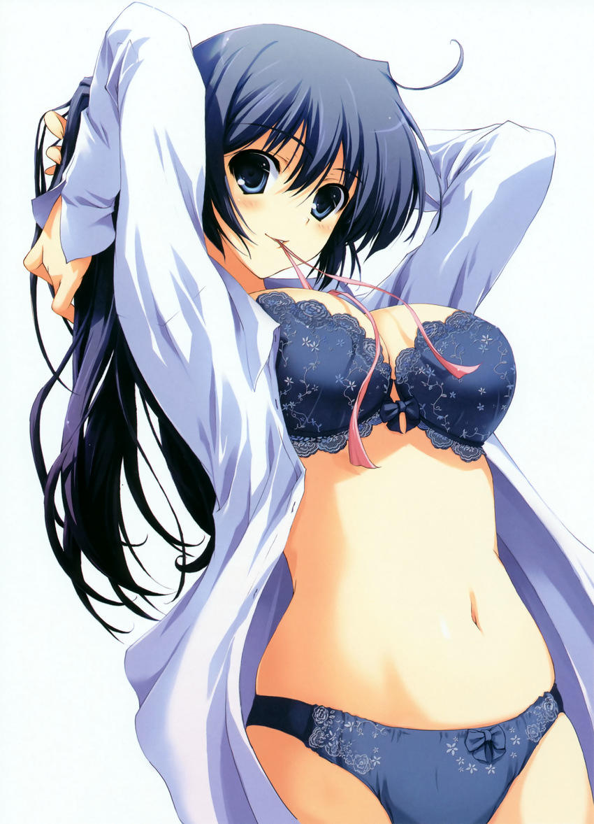 absurdres adjusting_hair ahoge arms_behind_head arms_up blue_eyes blue_hair bow bow_panties bra copyright_request dress_shirt highres lingerie long_hair mouth_hold navel no_pants open_clothes open_shirt panties ribbon shirt solo standing tomose_shunsaku underwear