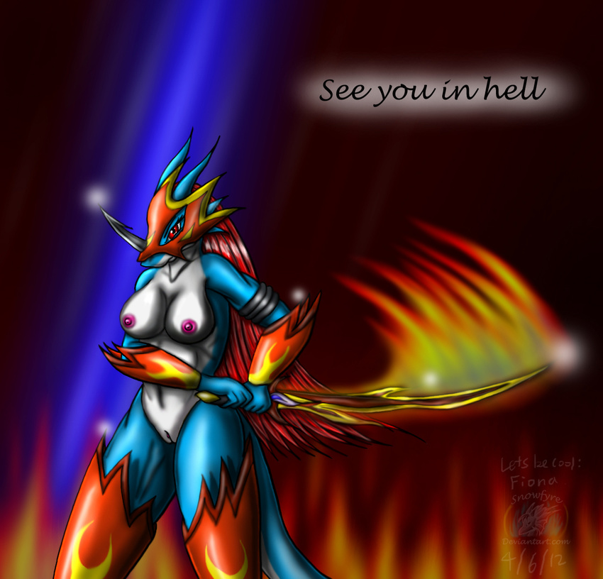 2012 anthro blue_body blue_skin breasts clothing digimon dragon female fire fire_background flamedramon fur hair horn lizard long_hair looking_at_viewer nipples pussy red_eyes red_hair reptile scalie snowfyre solo standing sword text weapon white_fur white_skin