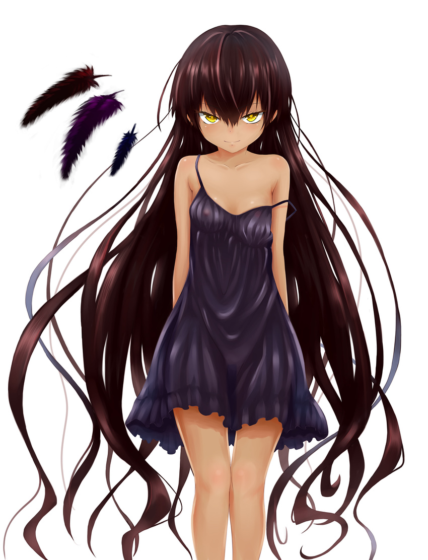 aki99 bad_id bad_pixiv_id breasts brown_hair collarbone dark_skin evil_smile feathers highres long_hair master_nemesis nightgown nipples see-through small_breasts smile solo strap_slip to_love-ru to_love-ru_darkness very_long_hair white_background yellow_eyes